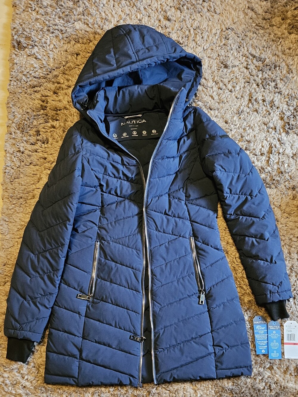 Nautica Navy Blue Puffer Coat with Black Trim Fit Around Hands Size Sx